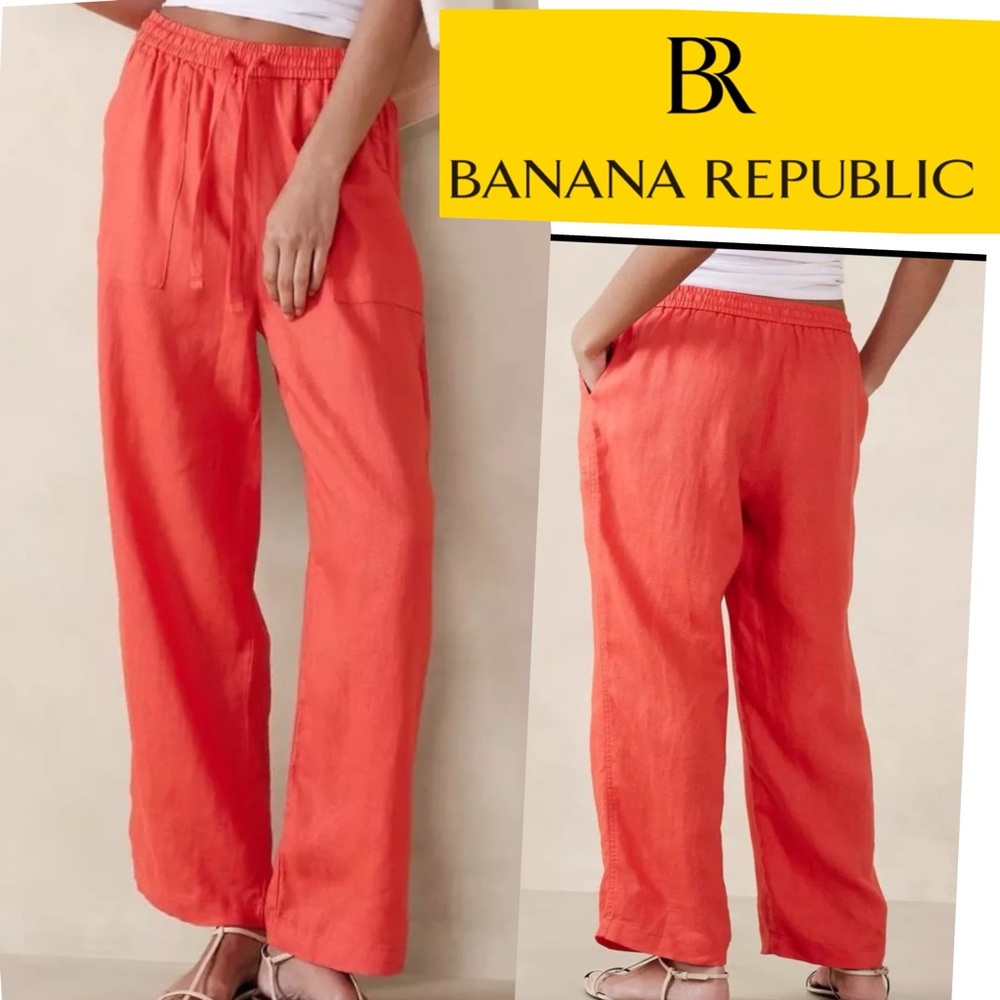 BANANA REPUBLIC Easy Linen Pull On Pant New Coral Wide Leg Size M